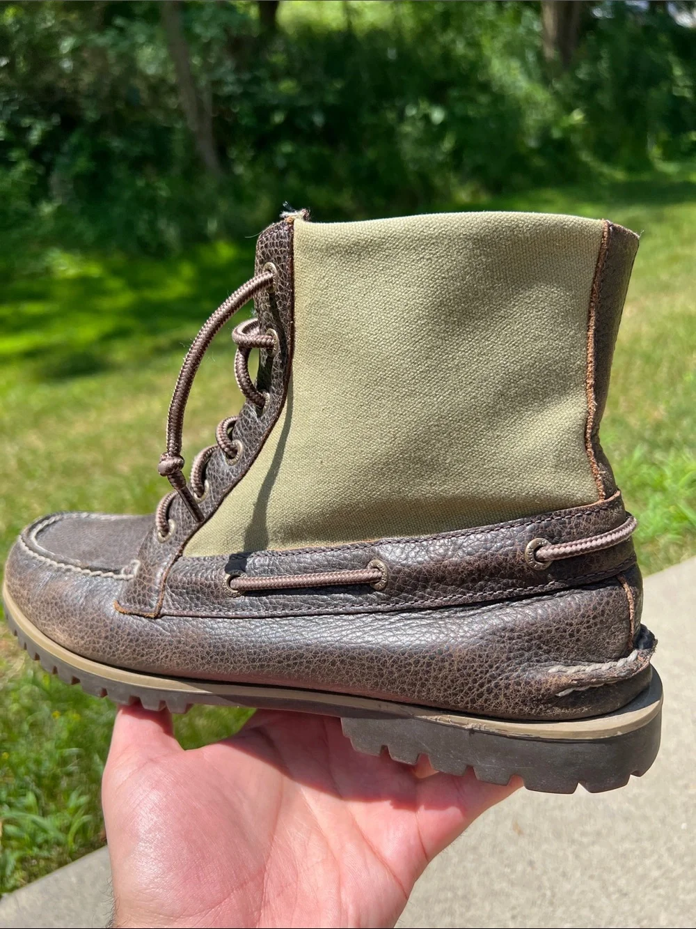 Sperry Top-Sider Brown Leather Green Canvas Boat Boots Hunting Boots Men’s 11.5M